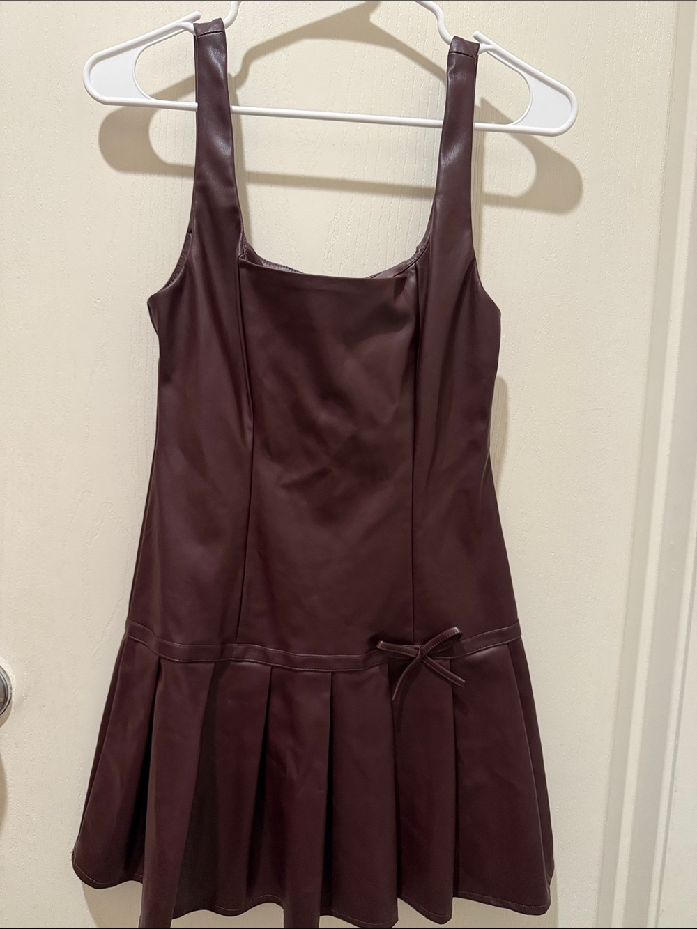 La Hearts Burgundy Faux-Leather Pleated Dress with Waist Bow